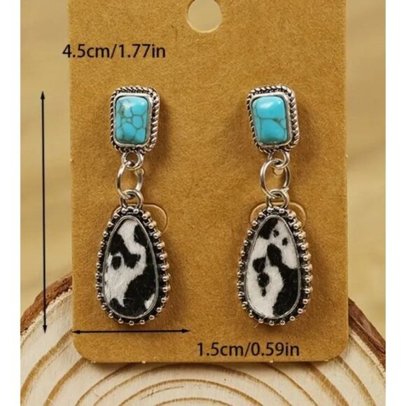 Vintage Western-Style Turquoise &‎ Black Teardrop Earrings - Picture 3 of 3
